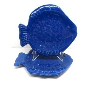 Home Studio Coastal Collection Blue 10 X 9" Fish Shaped Dinner Plates set of 2